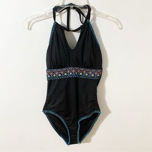 Apt. 9 Black Floral Embroidered Waistband One Piece Bathing Suit / Swimsuit 🖤🩵